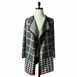 Venus Plaid‎ Houndstooth Trim Waterfall Cardigan Women Plus Size Black White